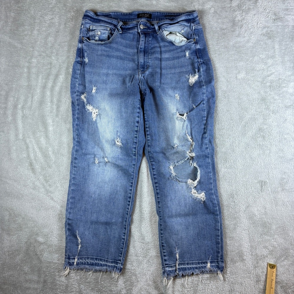 Judy Blue Jeans Women 14W (Fits 34x26) Straight Distressed Whisker Faded Stretch